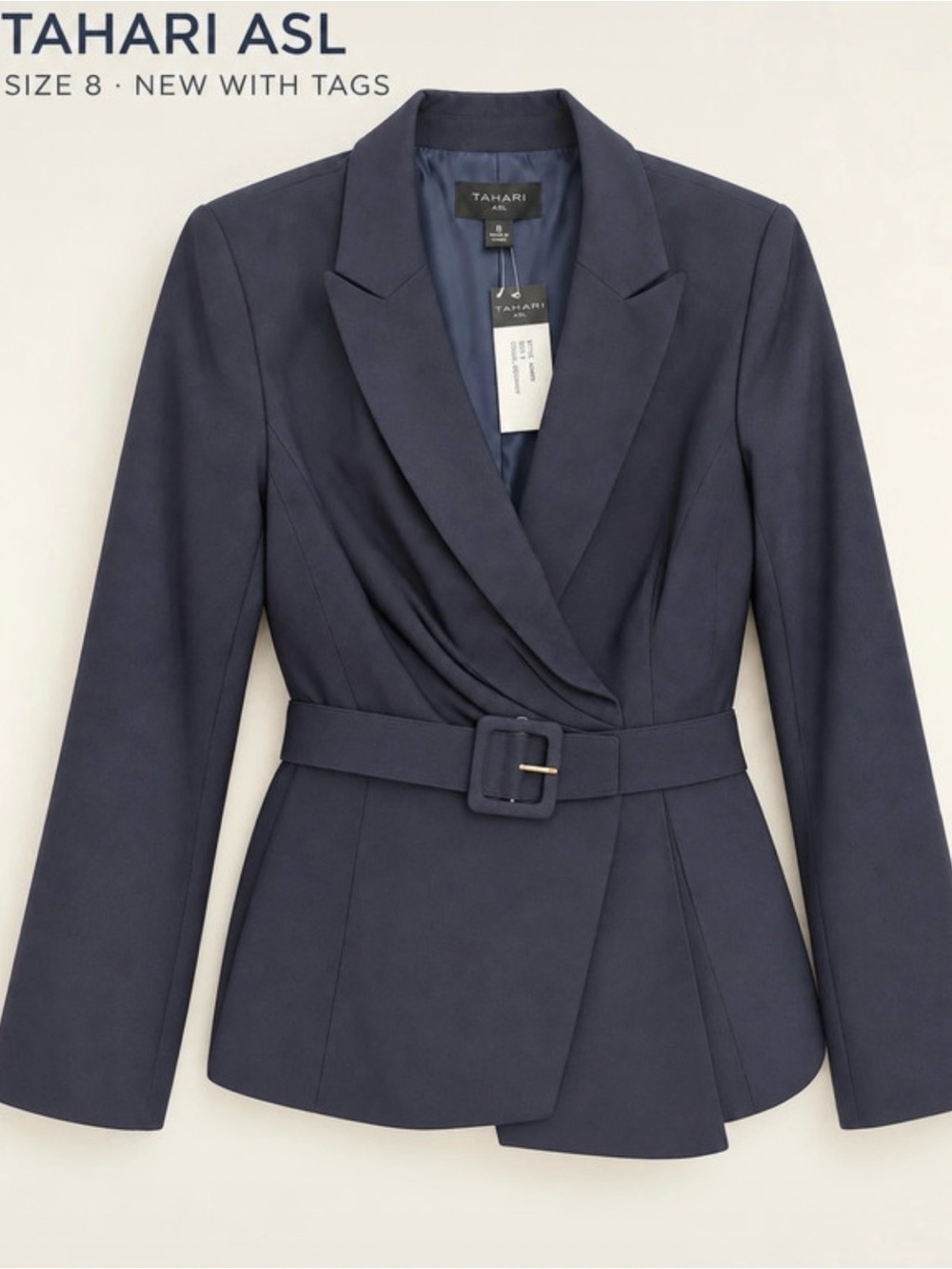 Tahari ASL Navy Belted Wrap Blazer